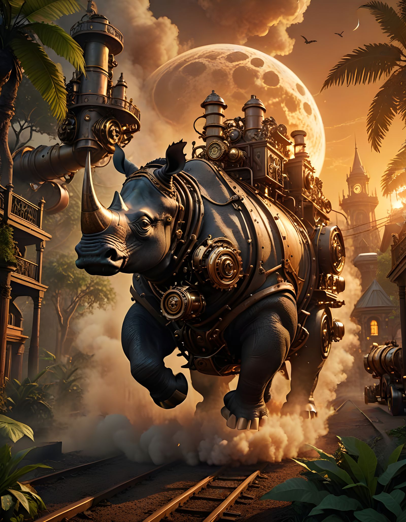 Steampunk Rhinoceros Charges Through Jungle City