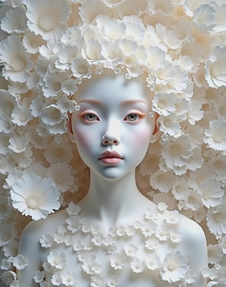 Ethereal Portrait with White Curls and Filigree