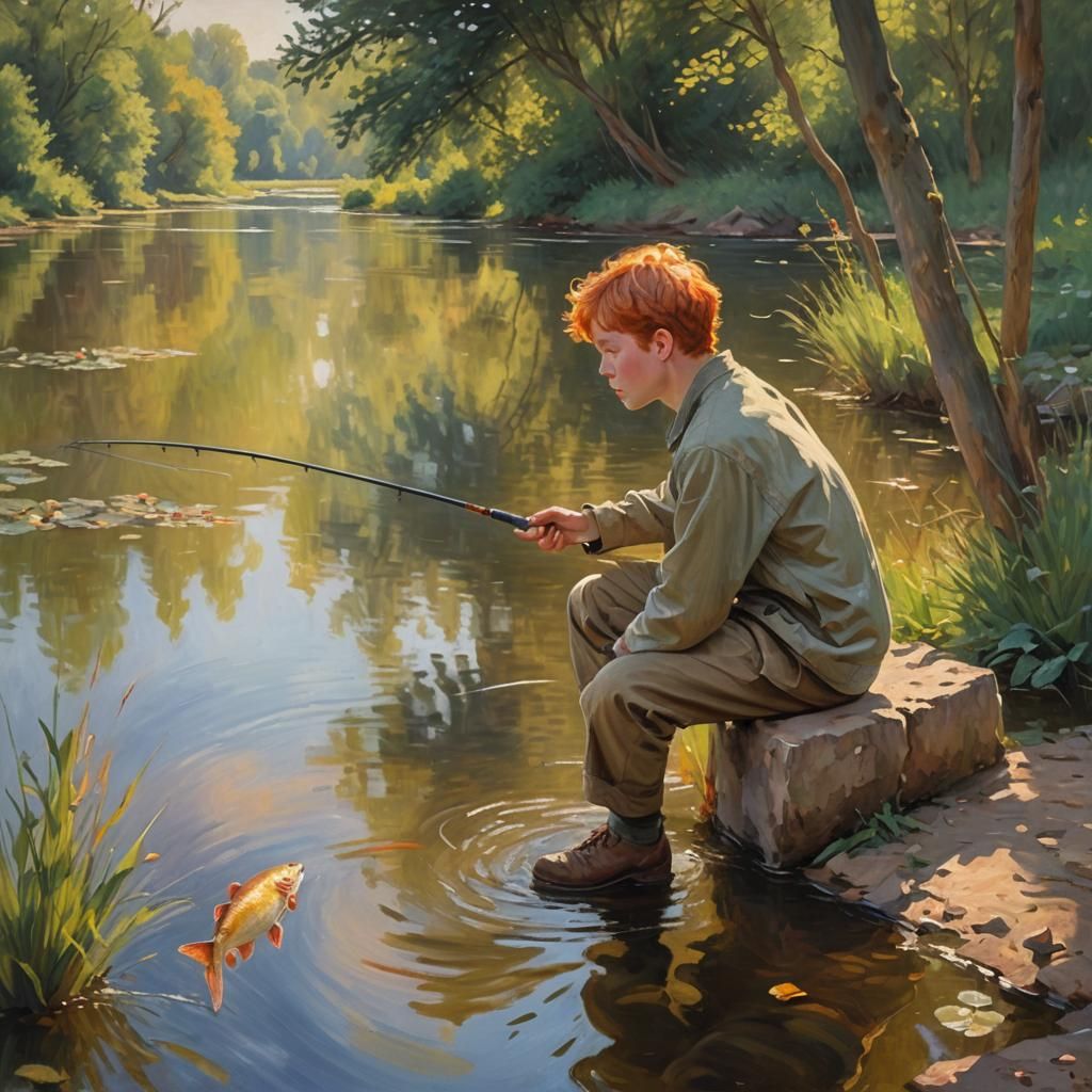 Boy Fishing Carp in Impressionist Oil Painting
