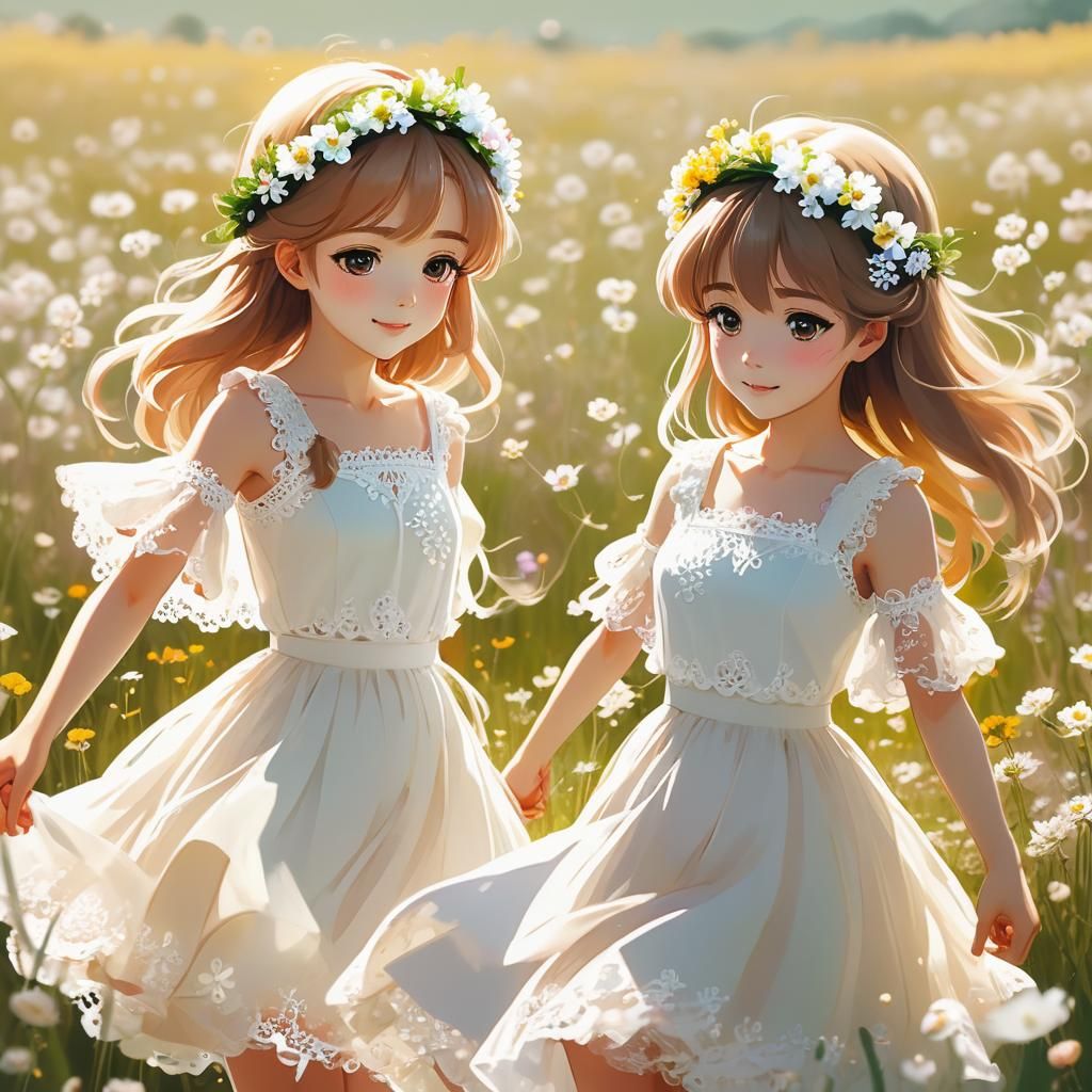 Twin Anime Princesses Dancing in Spring Field