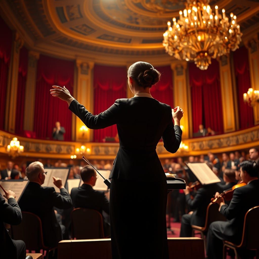 Elegant Female Conductor in a Golden Opera Hall