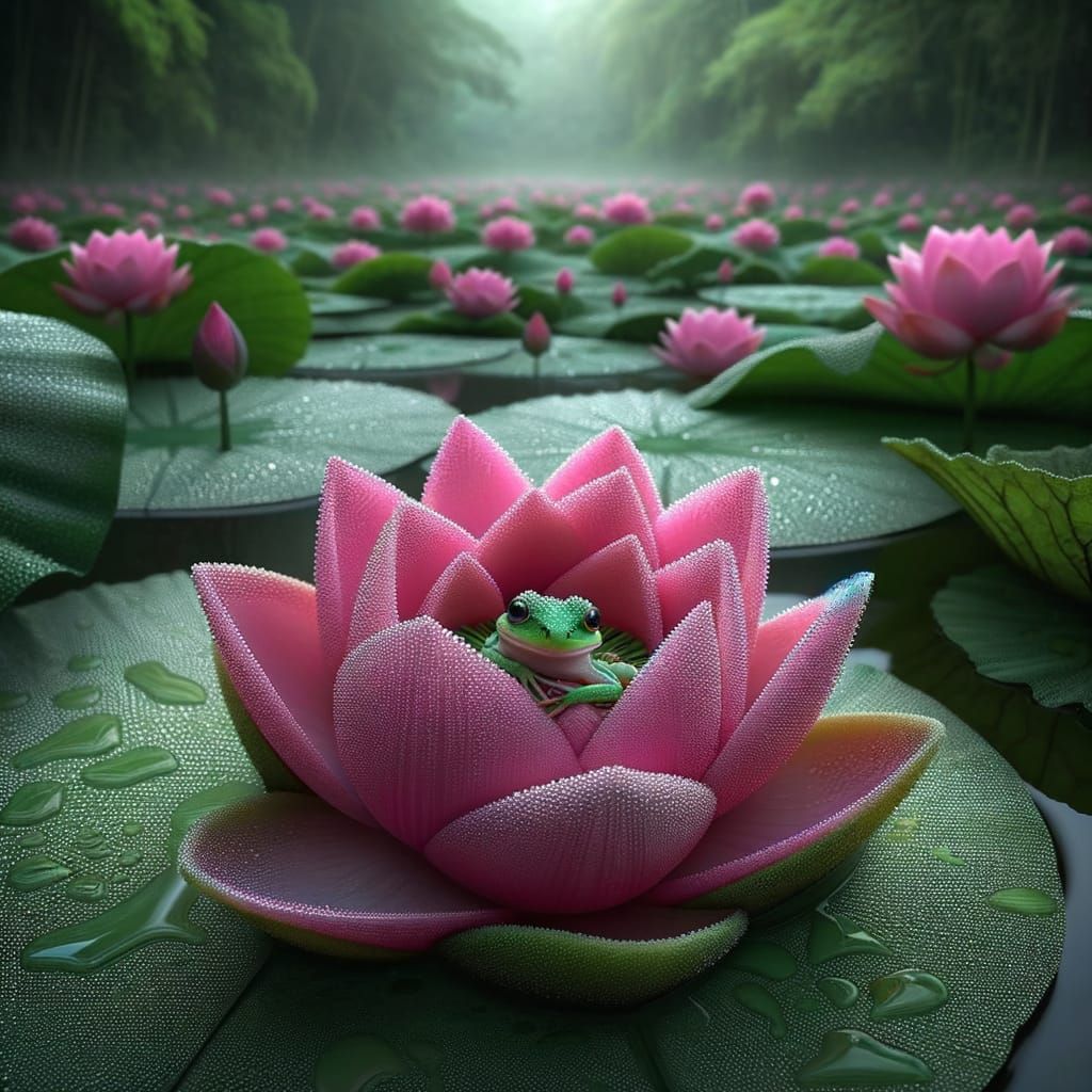 Dew-Covered Lotus Flower with Tiny Frog