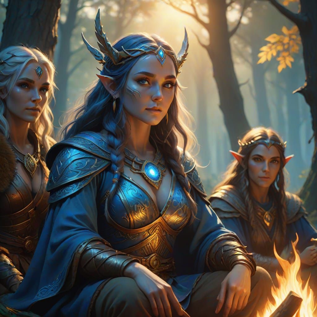 Elven Heroes Gather Around a Golden Campfire