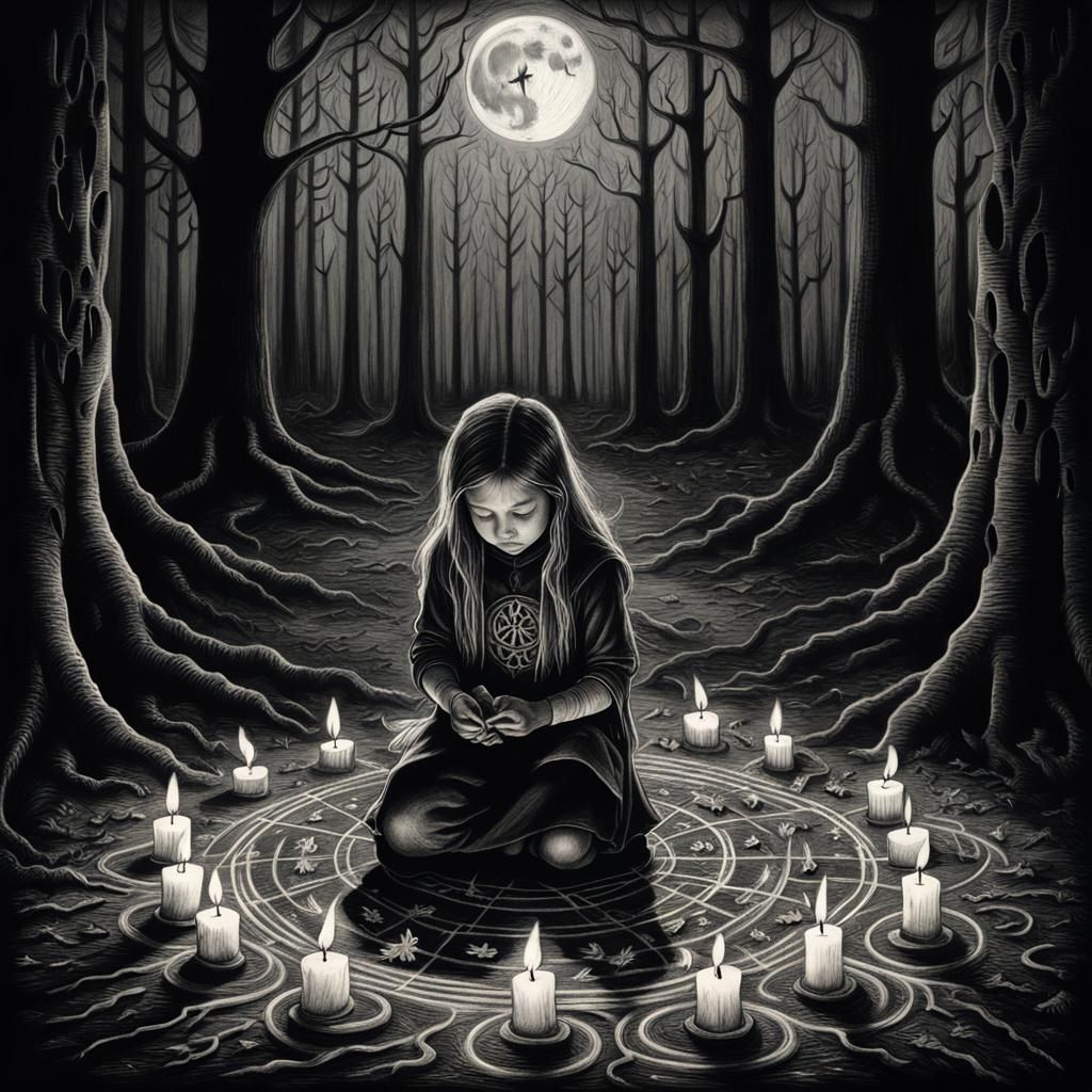 Mystic Forest Ritual: Charcoal Drawing of Girl