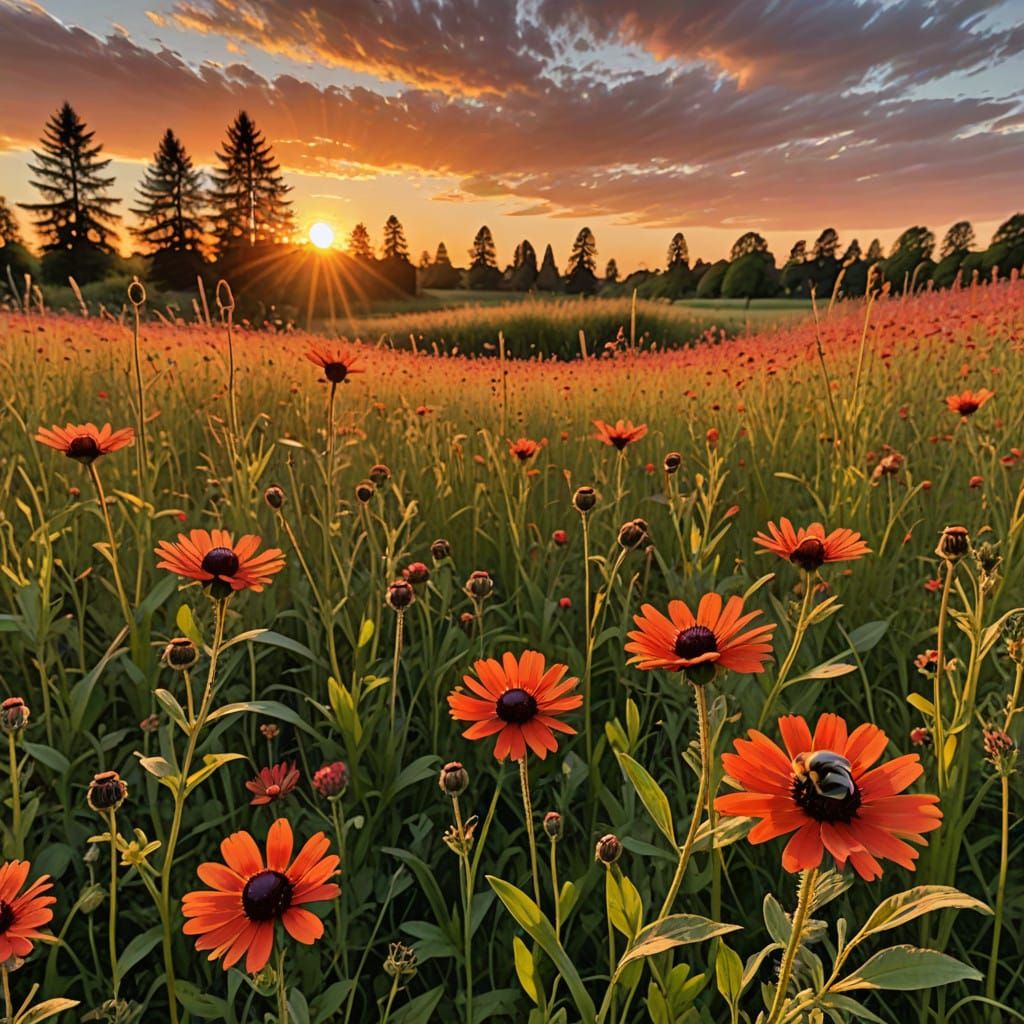 Warm Sunset Scene in a Vibrant Floral Meadow with a Fluffy B...