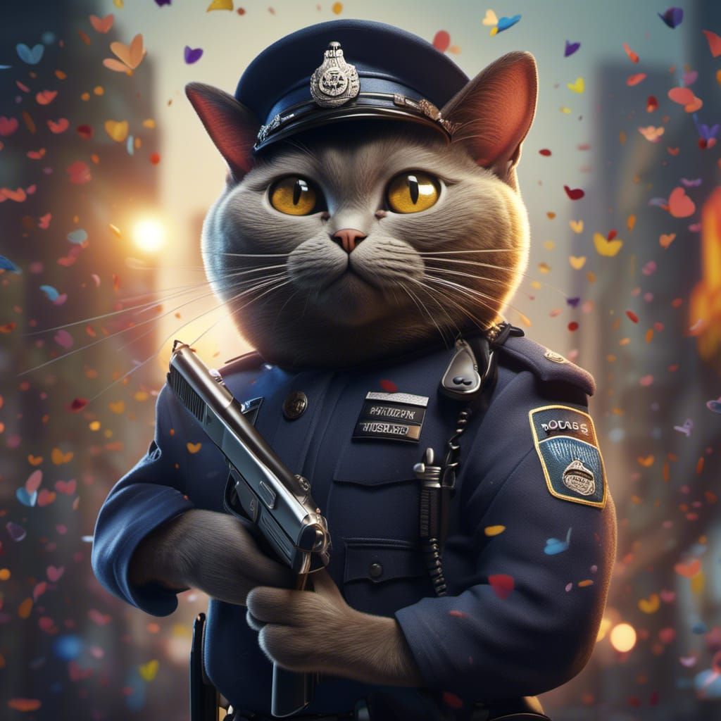 Anthropomorphic Burmese Cat Cop with Gun