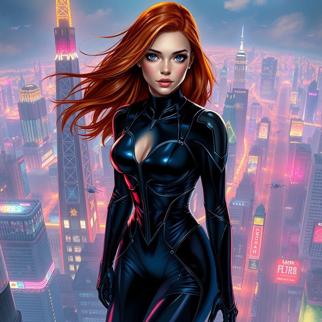 Cyberpunk Woman on Skyscraper Overlook