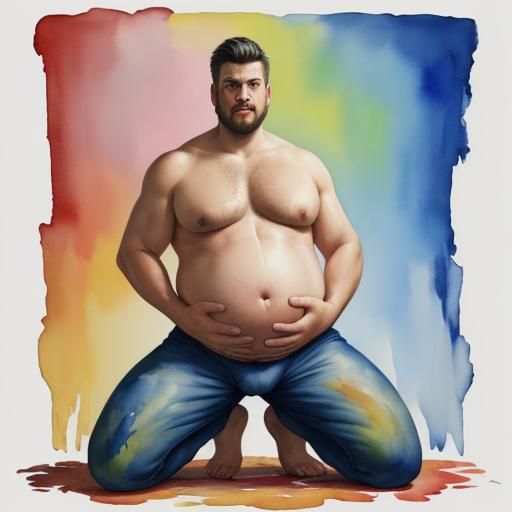Male Figure with Pregnant Belly in Gouache Style
