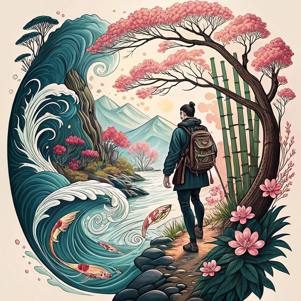 Neo-Japanese Tattoo Design with River and Traveler