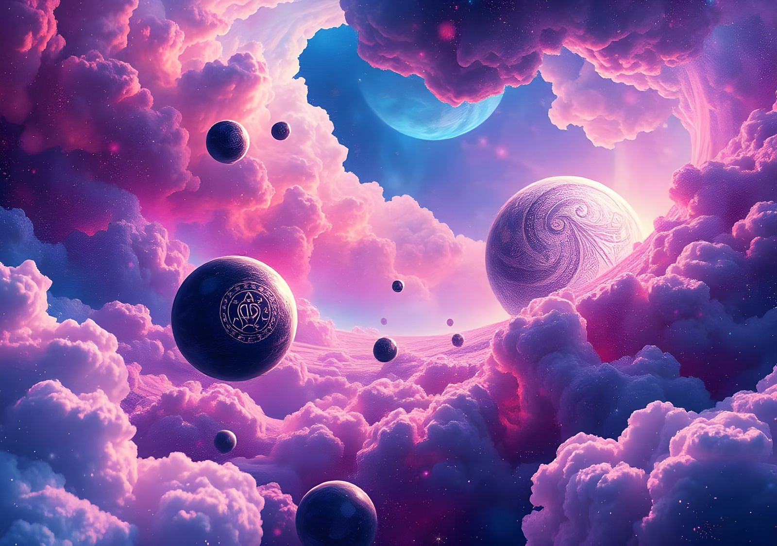 Abstract Psychedelic Dreamscape with Runic Planets