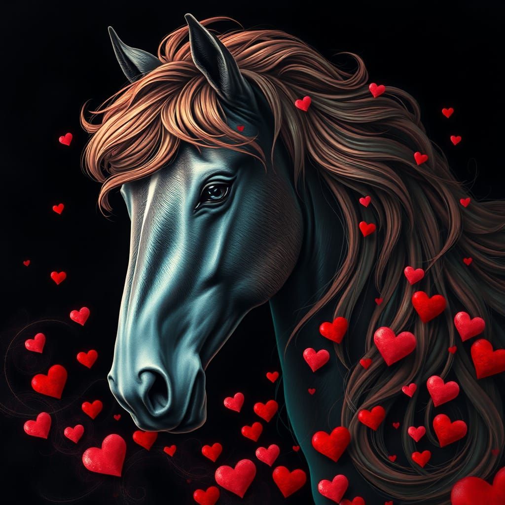 Elegant Horse Portrait with Hearts in Medieval Tapestry Styl...