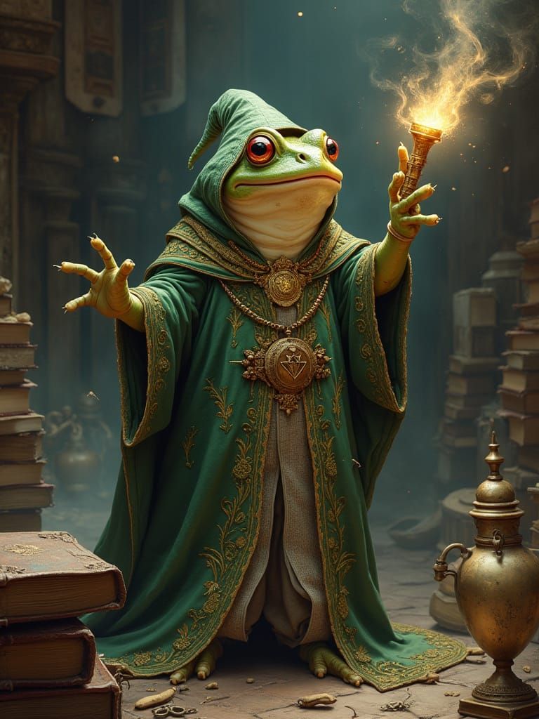 Frog Wizard Casting Spell with Magic Wand