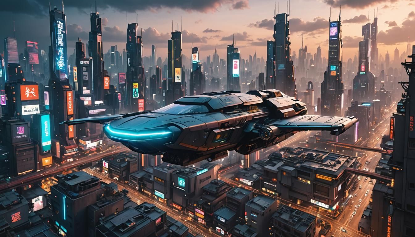 Flying Vehicle in a Cyberpunk Cityscape