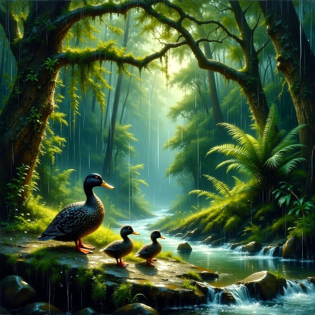 Duck Family Sheltering from Rain in Hyperreal Style