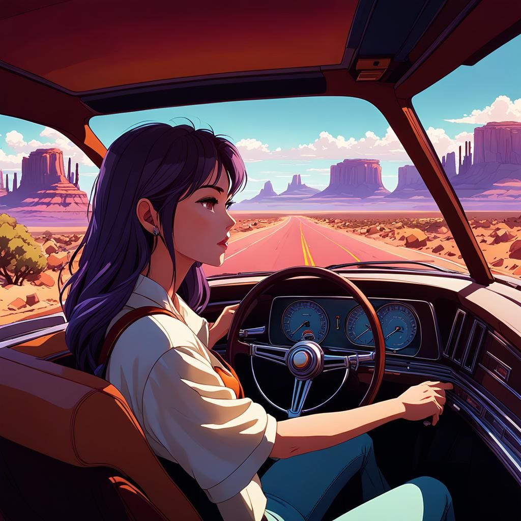 Lo-fi Girl Driving Through Arizona in Anime Style