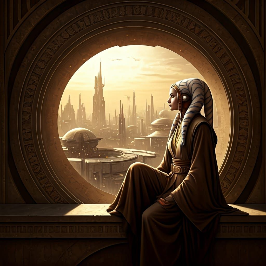 Twi'lek Jedi Overlooking Alien City, in Comic Book Style