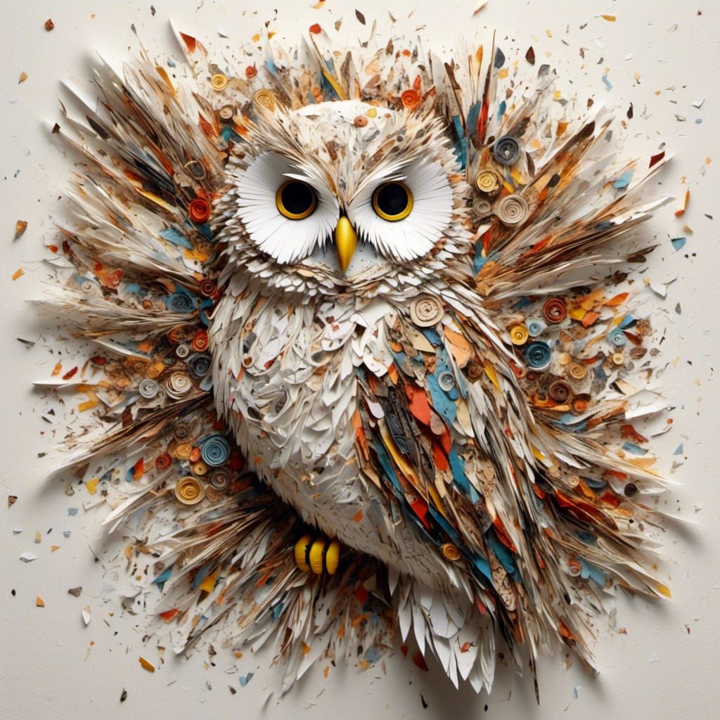 Torn Paper Owl Sculpture in Pointillist Style