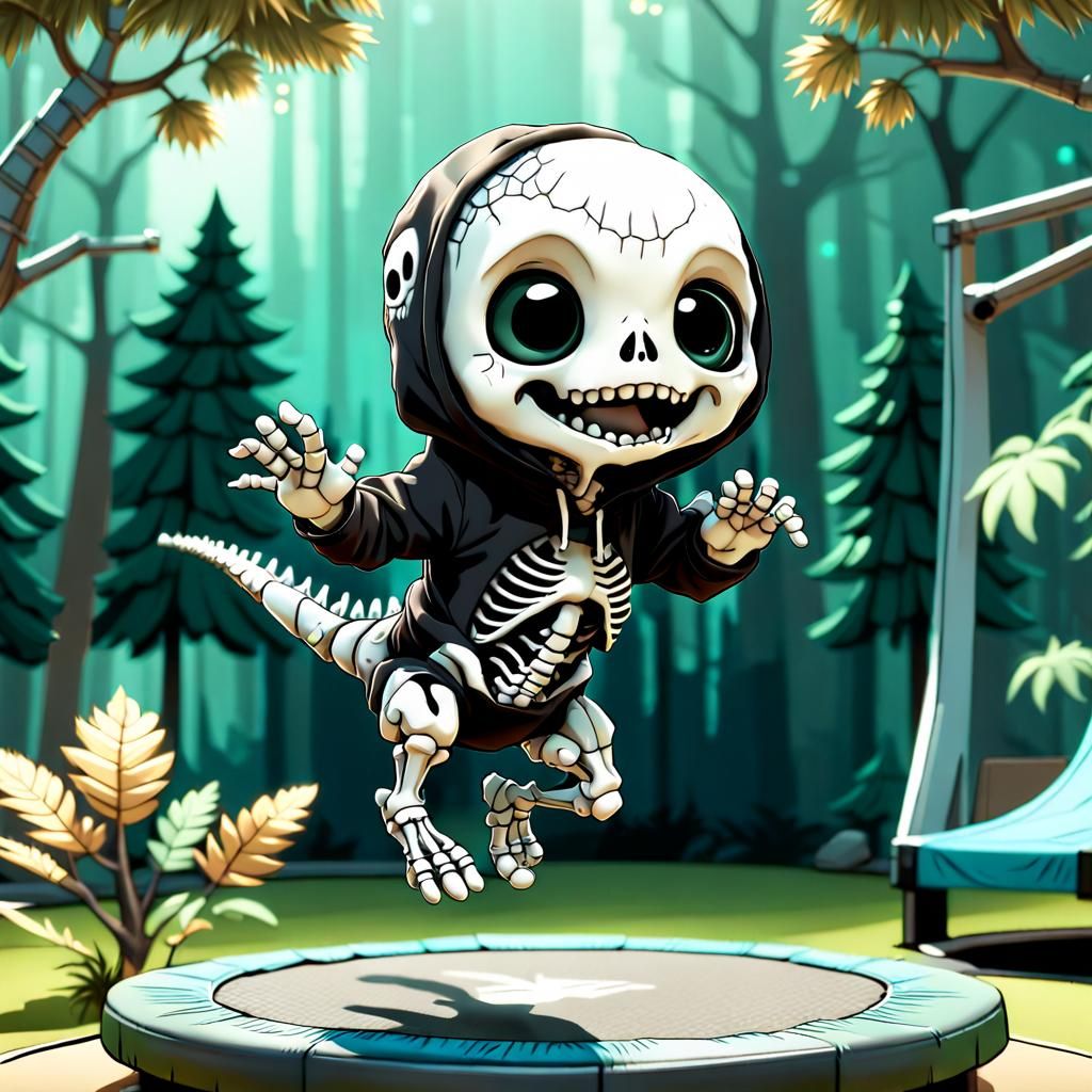 Chibi Skeleton Dino on Trampoline Backflip