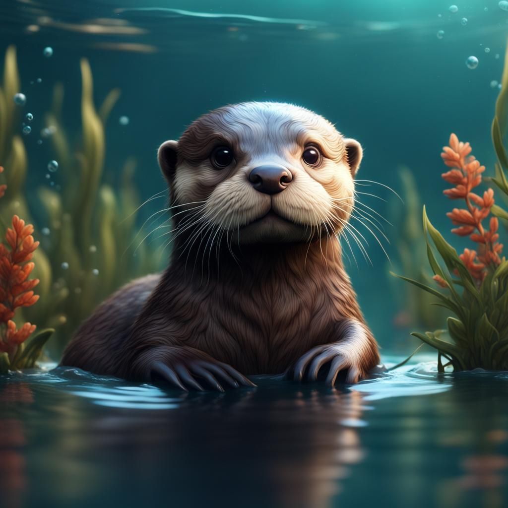 Cute Baby Otter Swimming: Detailed Digital Painting