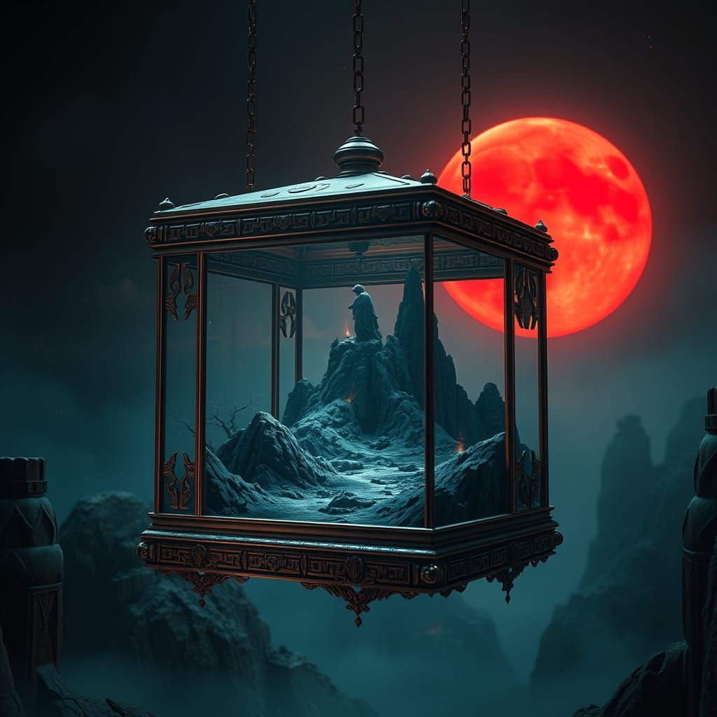 Ethereal Dreamscape in a Glass Box on a Dark Crimson Moonlit...