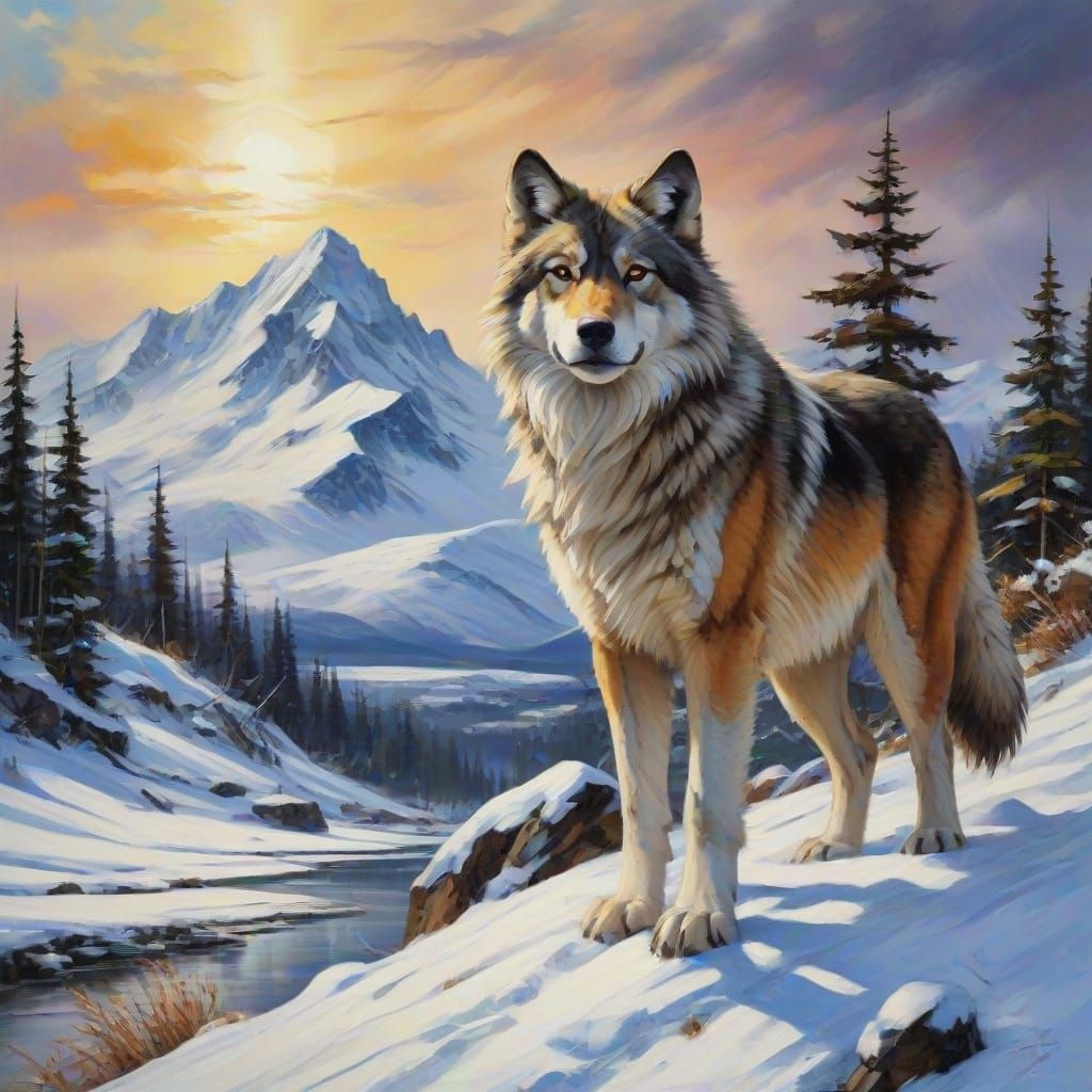 Snowy Mountain Wolf Landscape in Mixed Artistic Styles