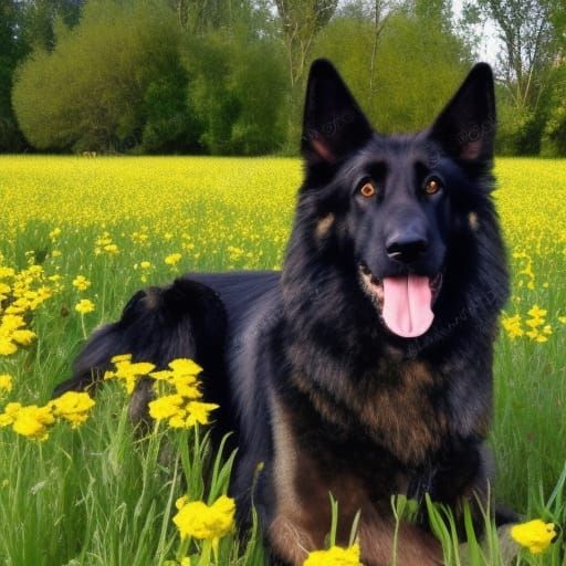 Black German Shepherd in Flower Field