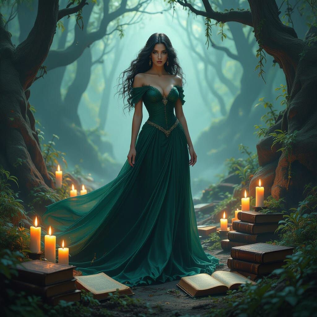 Mystical Sorceress in Emerald Gown Amidst Glowing Forest