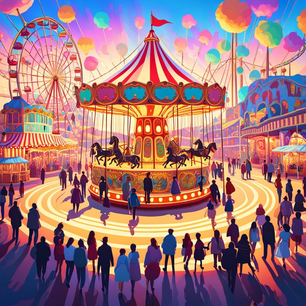 Dreamlike Carnival Scene with Ferris Wheel and Carousel
