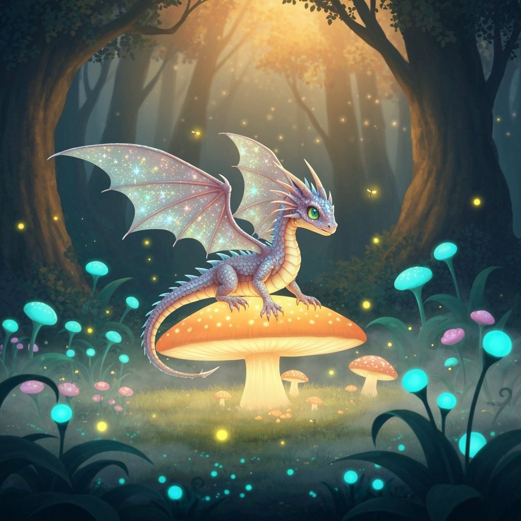 Mystical Dragon on Glowing Mushroom in Enchanted Forest