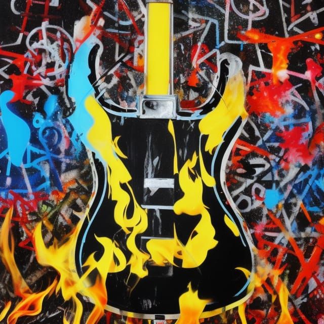 Flaming Black Electric Guitar in Pop Art Style