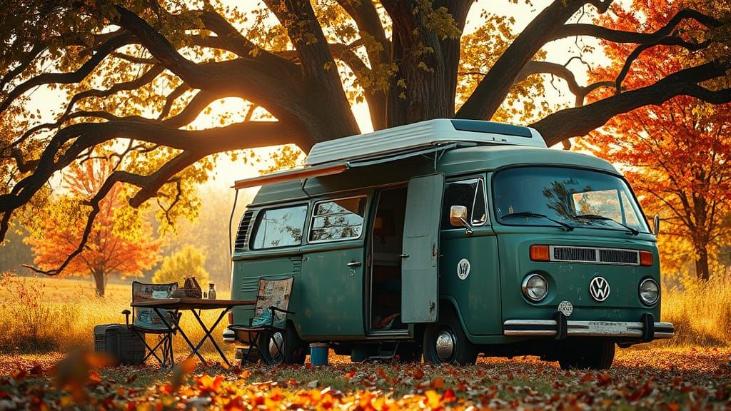 Volkswagen RV in Autumn Sunlight: Hyper-Detailed Scene