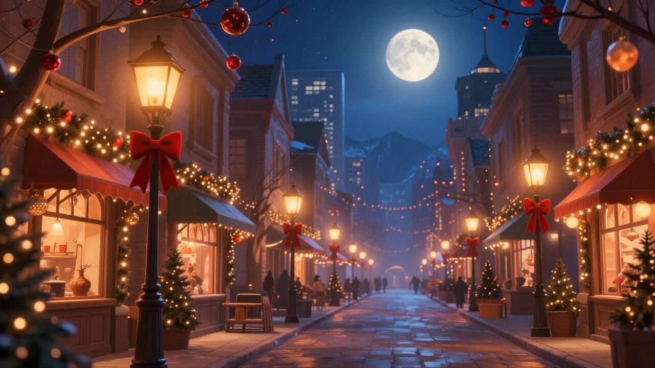 Cozy Christmas Metropolis Street with Warm Glowing Lights