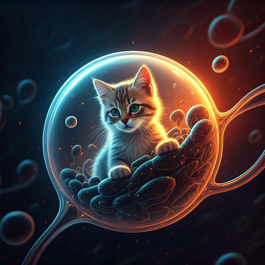 Microscopic World with Kitten: Surreal Digital Art