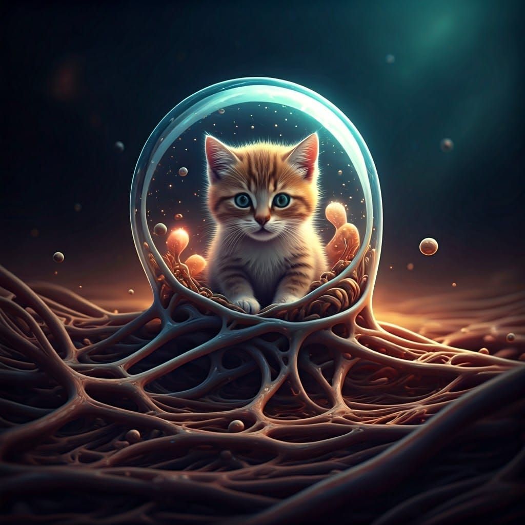 Microscopic Ameba World with Kitten Inside, Surreal Digital ...