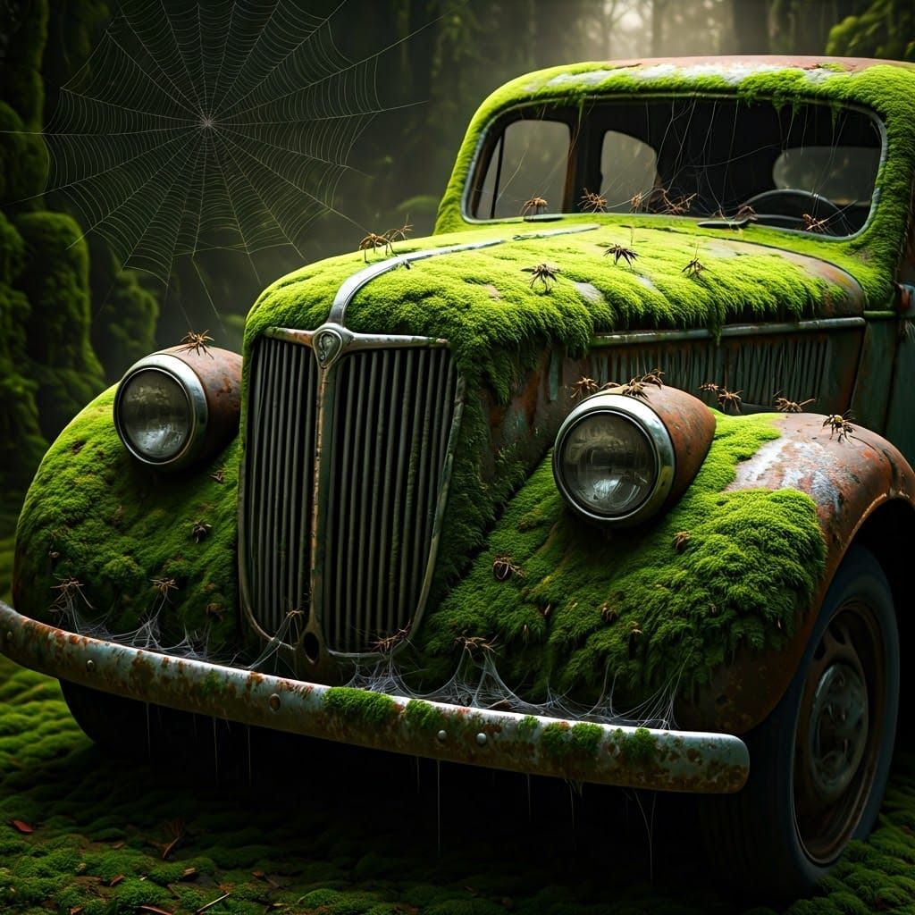 Mossy Car Swarming with Spiders in Ethereal Light