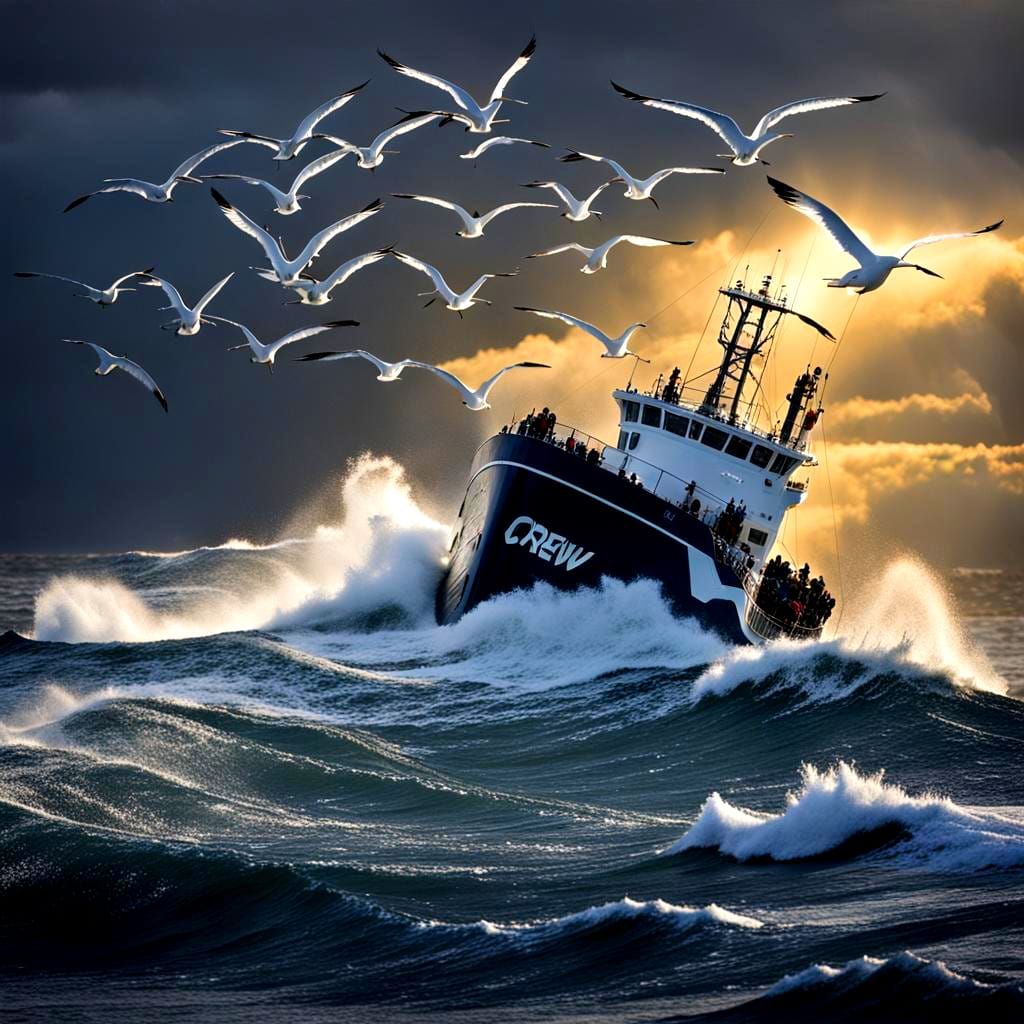Fishing Vessel Navigates Turbulent Waters at Sunset