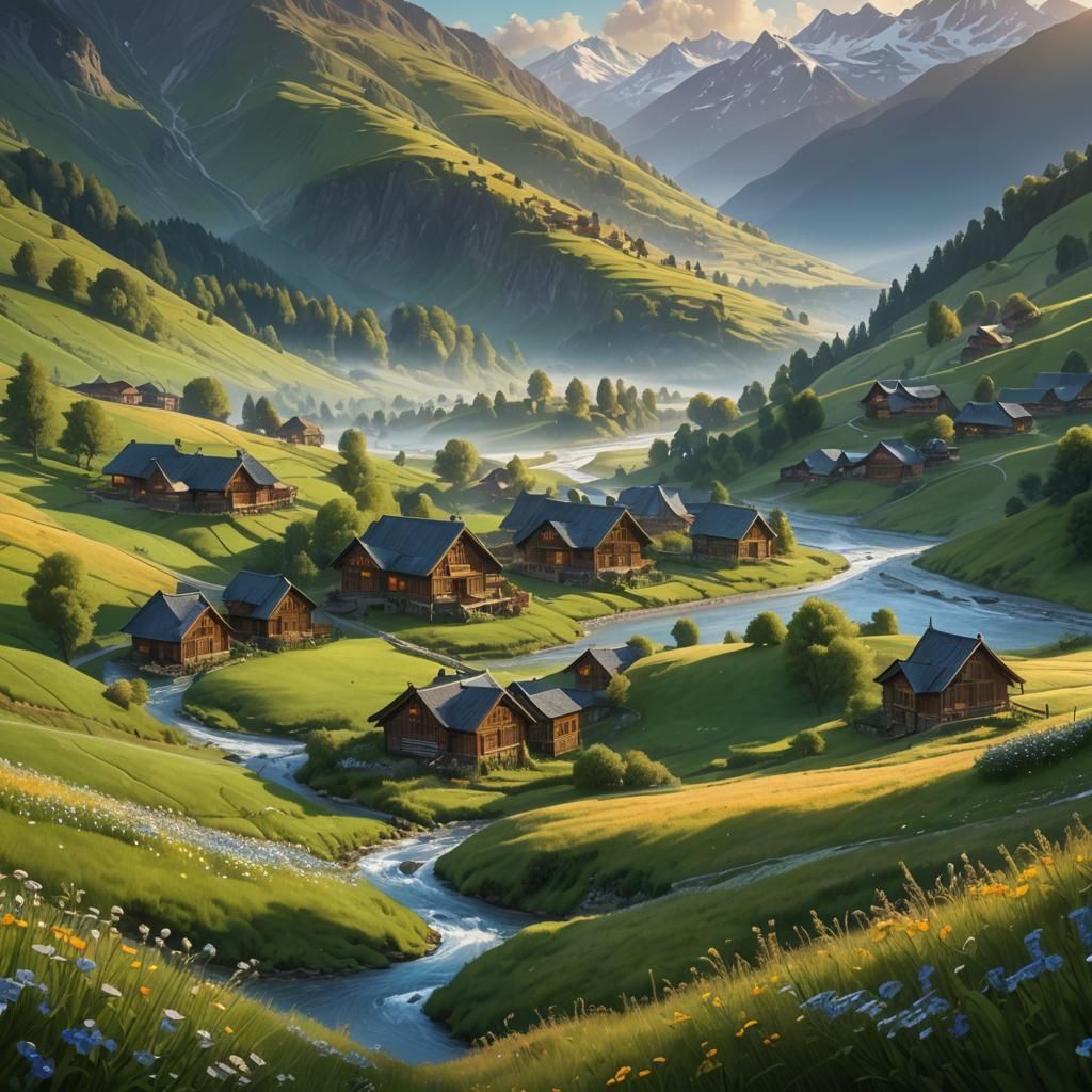 Misty Valleys and Snow-Capped Peaks in Early Sunlight