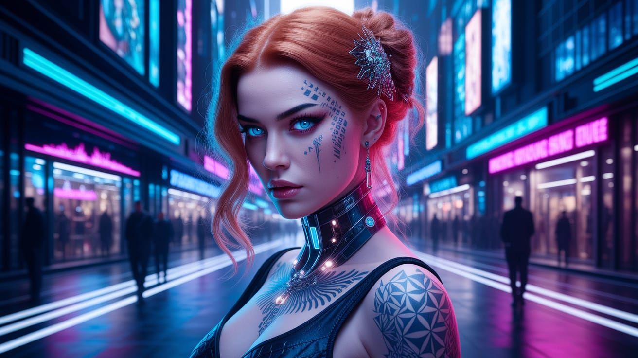 Cyberpunk Woman with Geometric Tattoos in Cityscape