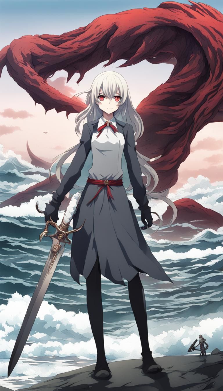 Anime Sea Monster with Sword on Land