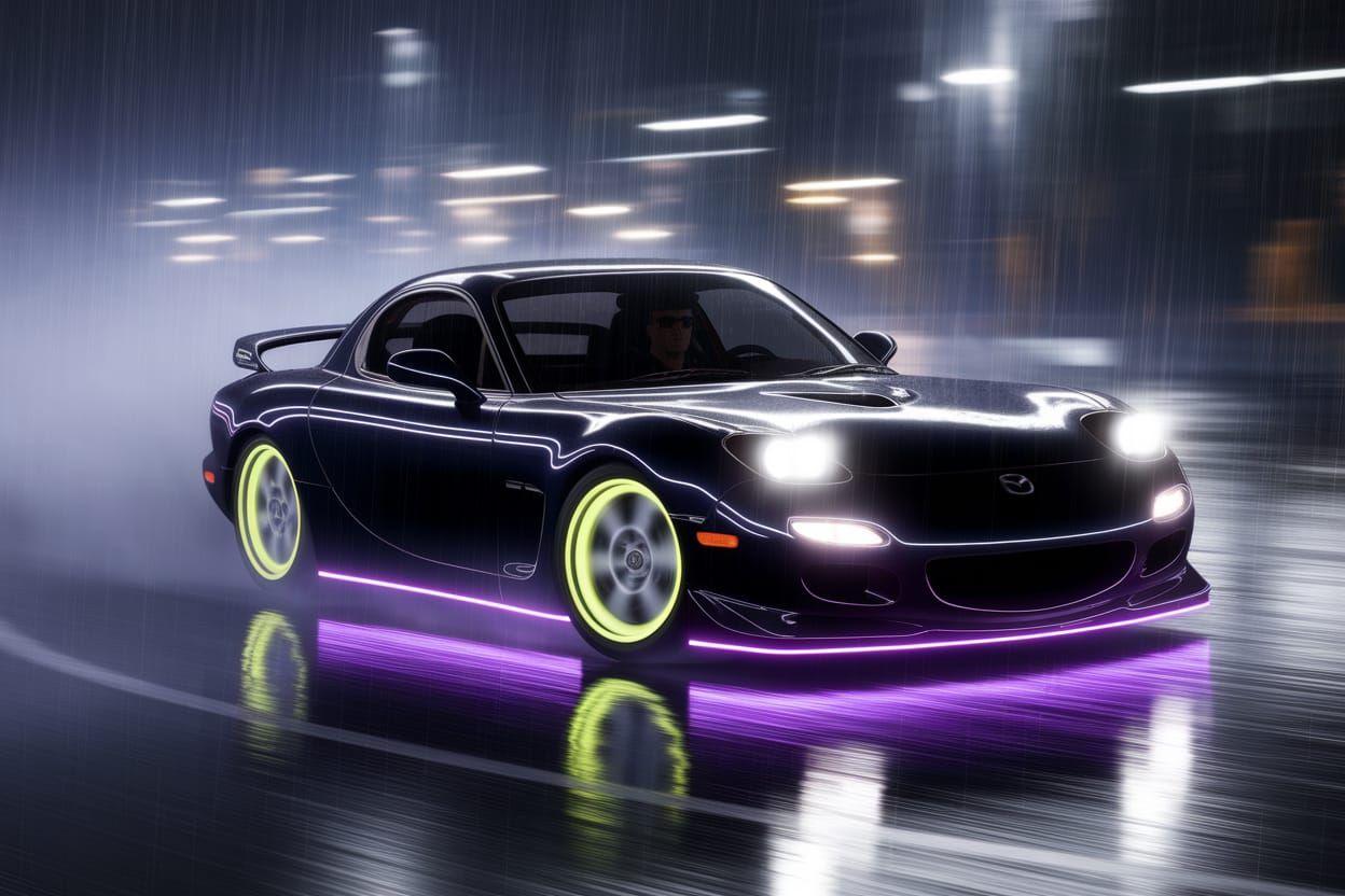 Sleek Mazda RX7 in Midnight Drift, Neon Underglow, and Rainy...