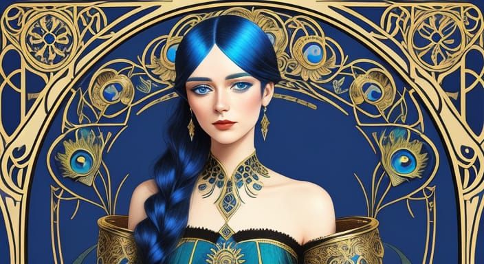 Elegant Art Nouveau Lady in Peacock Dress