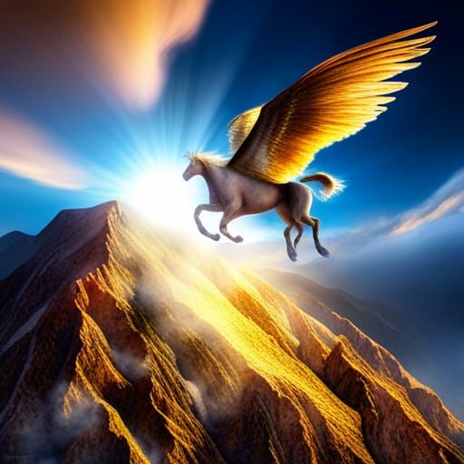 Pegasus Flies Past Mountain Peak: Detailed Matte Painting