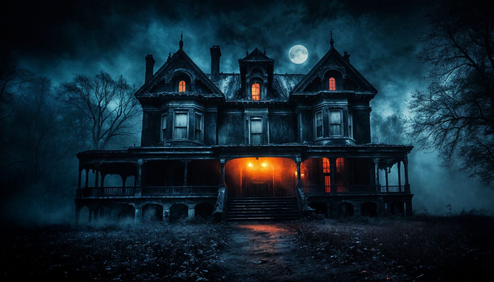 Sinister Mansion at Midnight in Dramatic Lighting
