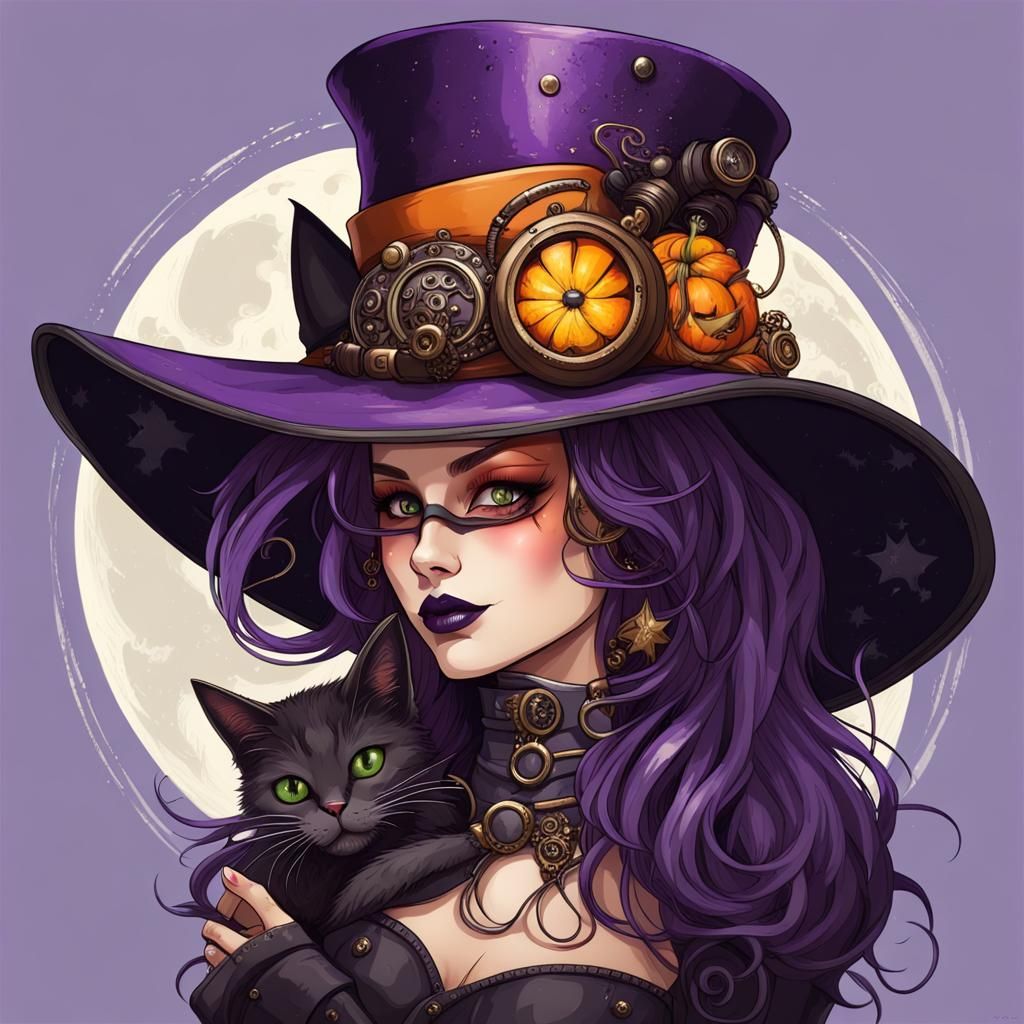 Steampunk Halloween Witch with Cat and Pumpkin