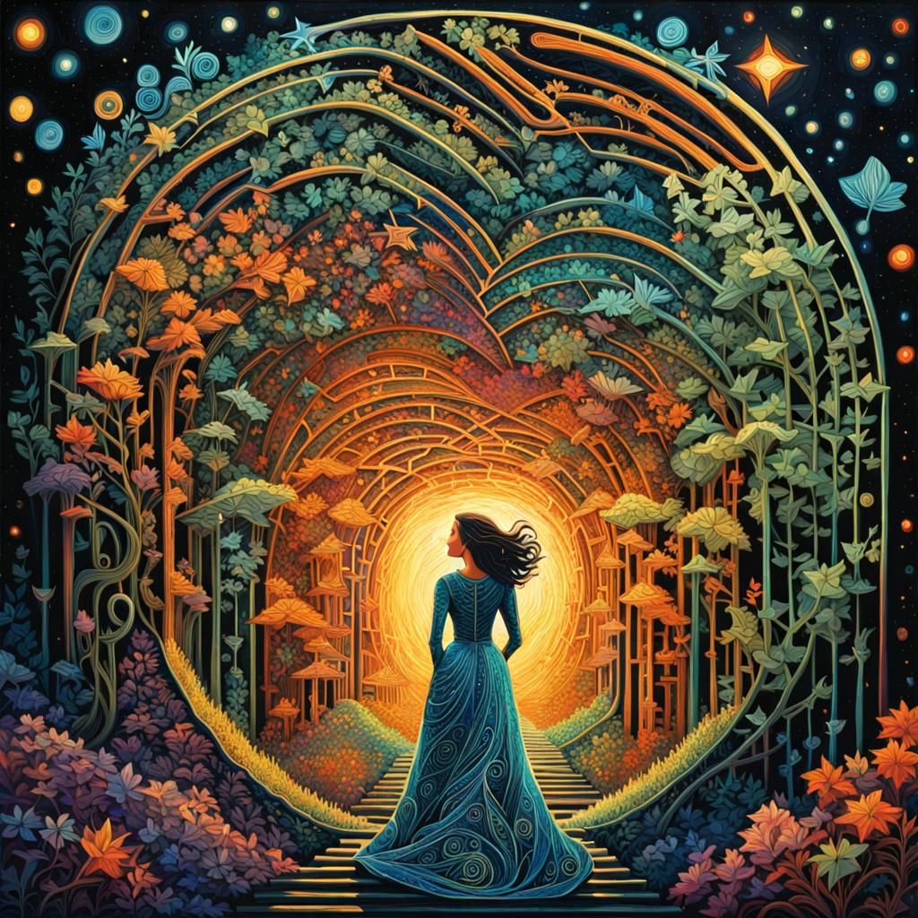 Alexander Jannson Inspired Wanderer in Bioluminescent Maze