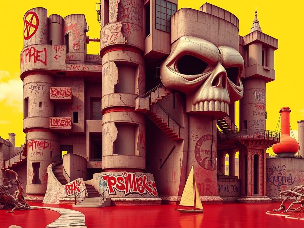 Eerie Brutalist Abode in Fragmented, Surreal Chaos