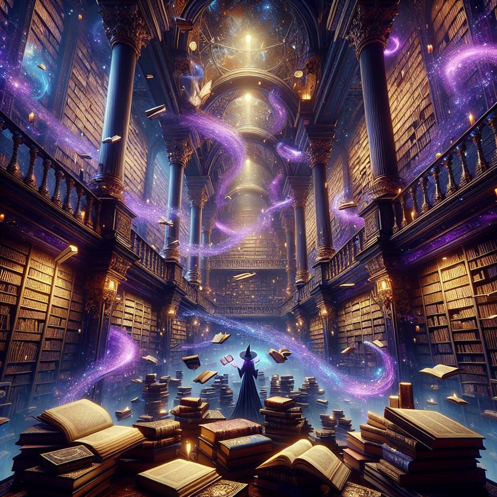 Magical Witch Librarian in Floating Book Library