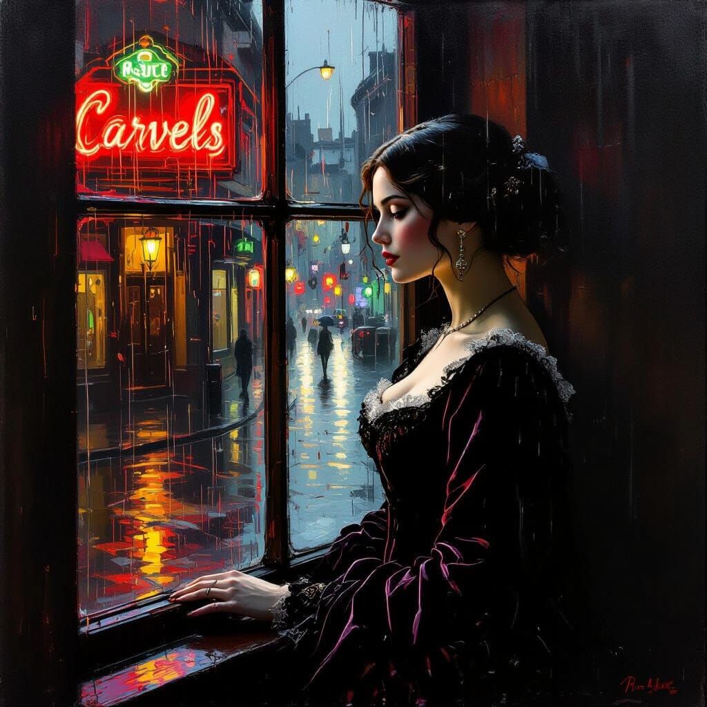 Medieval Lady Gazes from Rainy Window in Noir Style