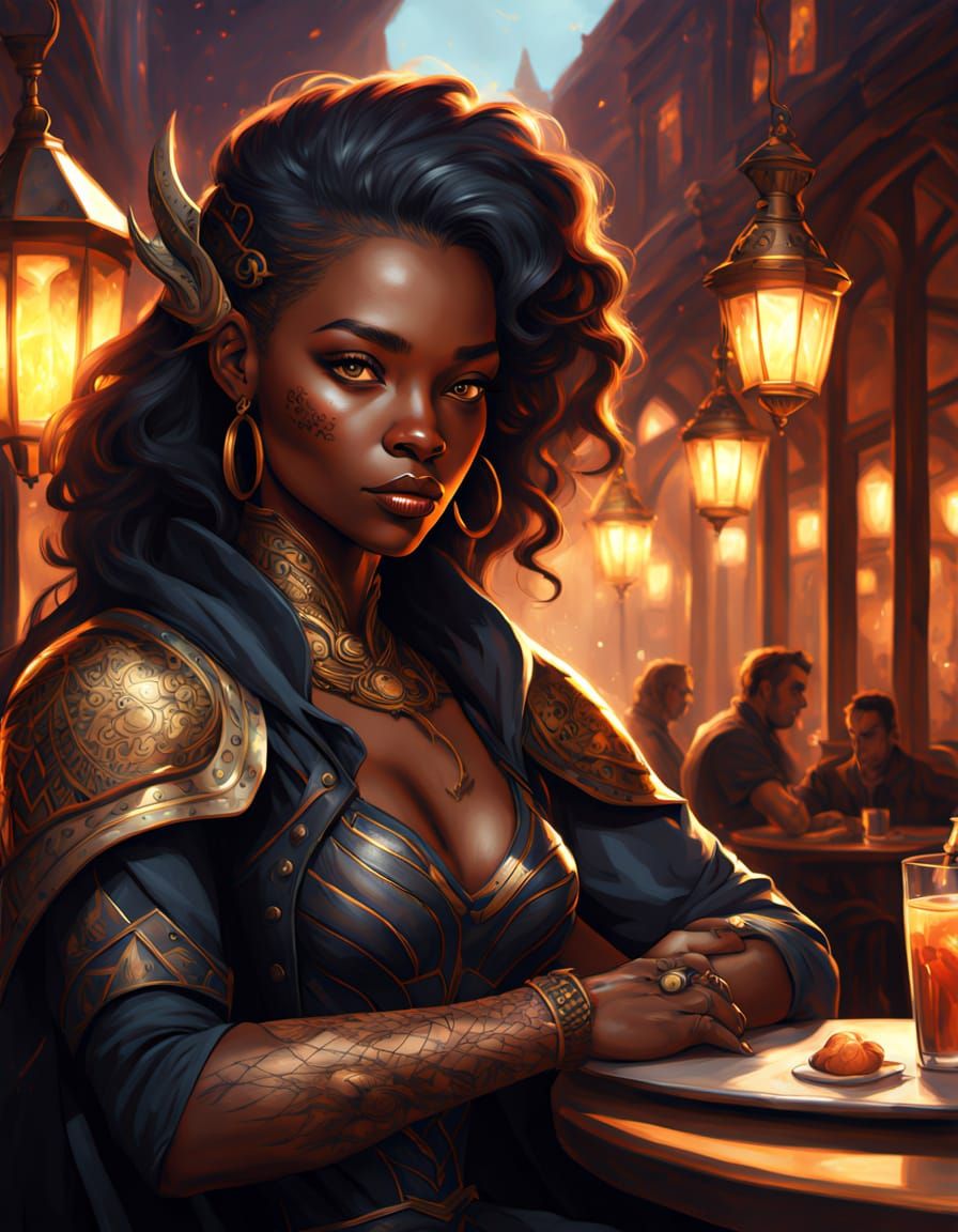 Black DragonQueen in Neon-Lit Cafe