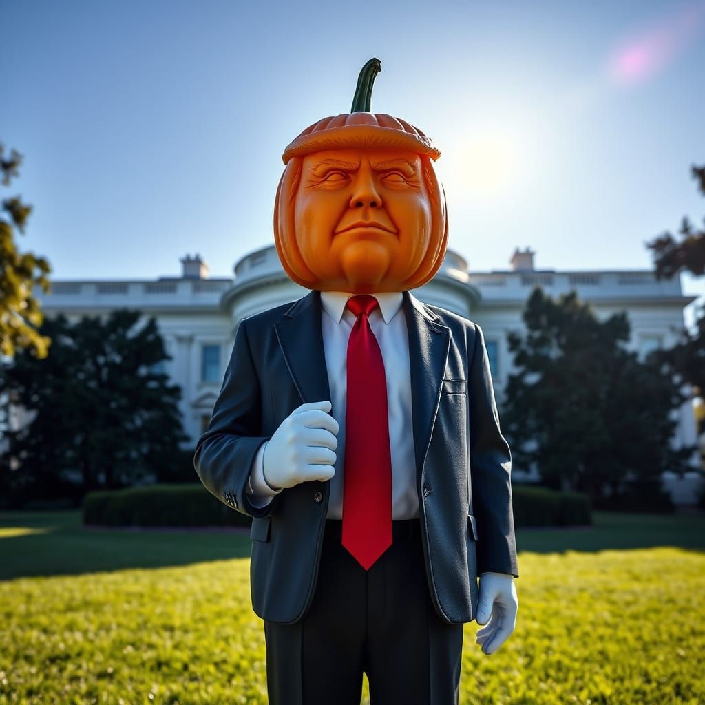 Photorealistic Trump Pumpkin President at White House